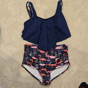 Navy Blue Flamingo Print 2 Piece High Waisted Swimsuit
